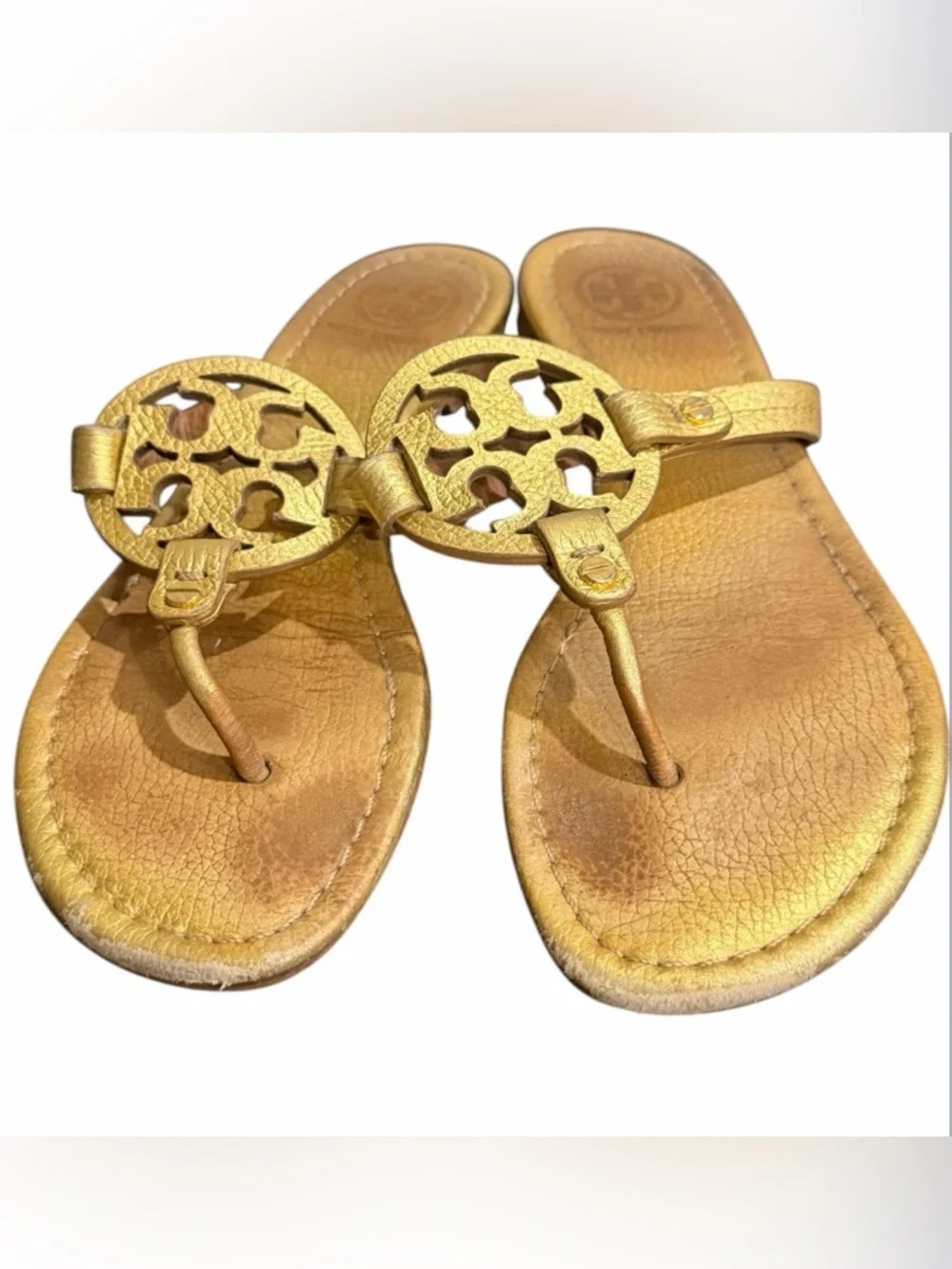 Tory Burch Gold Leather Cutout Medallion Toe-Post Sandals size 8 imported